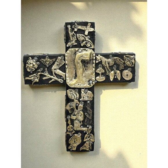 Vintage Signed Estela Ogazon 3D Milagros Wood Cross Mexican Folk Art - Picture 2 of 14